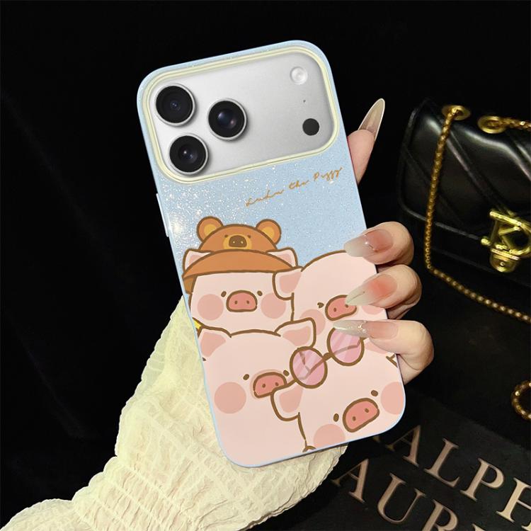 For iPhone 17 Pro Max Pink Pig Pattern IMD Glitter PC Hybrid TPU Phone Case(Blue)