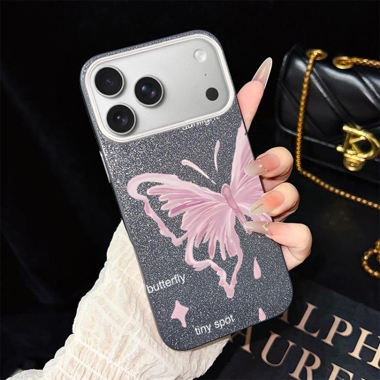 For iPhone 17 Pro Max Pink Stars Butterfly Pattern IMD Glitter PC Hybrid TPU Phone Case(Black)