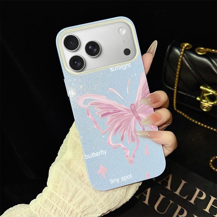 For iPhone 17 Pro Max Pink Stars Butterfly Pattern IMD Glitter PC Hybrid TPU Phone Case(Blue)