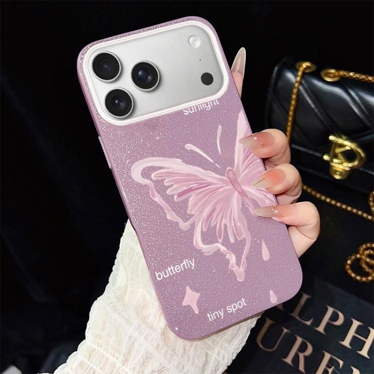 For iPhone 17 Pro Max Pink Stars Butterfly Pattern IMD Glitter PC Hybrid TPU Phone Case(Purple)