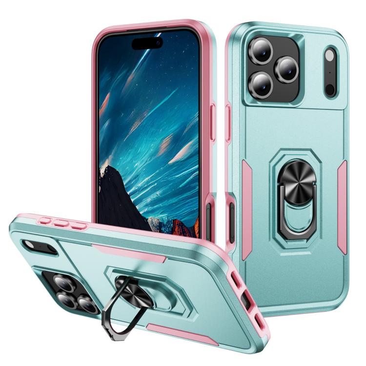 For iPhone 17 Pro Max Pioneer Armor Heavy Duty PC + TPU Phone Case with Holder(Green+Pink)