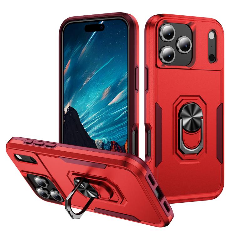 For iPhone 17 Pro Max Pioneer Armor Heavy Duty PC + TPU Phone Case with Holder(Red+Rose Red)