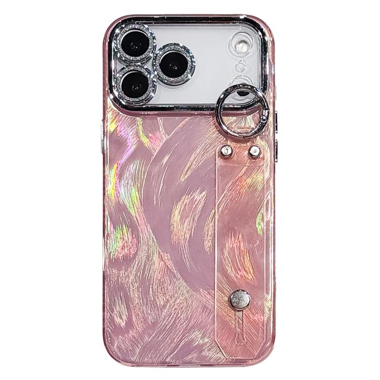 For iPhone 17 Pro Max Plating Feather-Gauze Texture Wristband Holder TPU Phone Case with Lens Film(Pink)