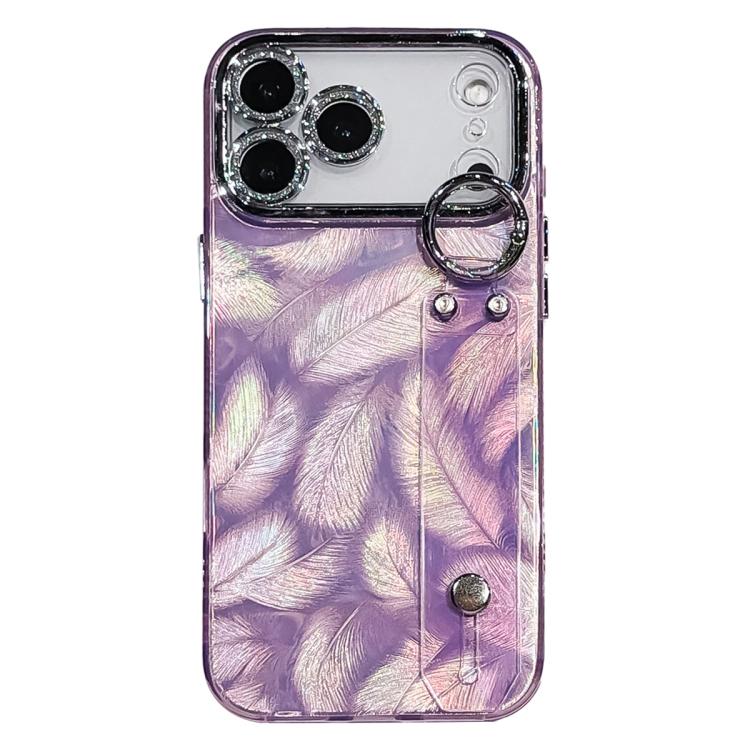For iPhone 17 Pro Max Plating Feather Texture Wristband Holder TPU Phone Case with Lens Film(Purple)