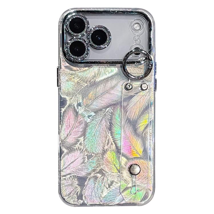 For iPhone 17 Pro Max Plating Feather Texture Wristband Holder TPU Phone Case with Lens Film(Silver)