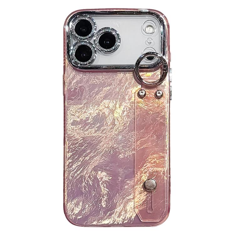 For iPhone 17 Pro Max Plating Foil-like Metallic Texture Wristband Holder TPU Phone Case with Lens Film(Pink)