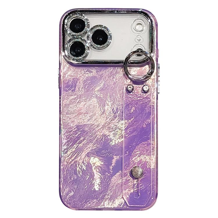For iPhone 17 Pro Max Plating Foil-like Metallic Texture Wristband Holder TPU Phone Case with Lens Film(Purple)