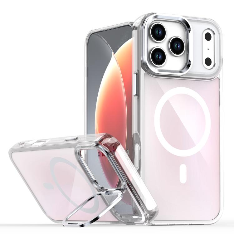 For iPhone 17 Pro Max Plating Gradient Discolor MagSafe Phone Case with Holder(White)