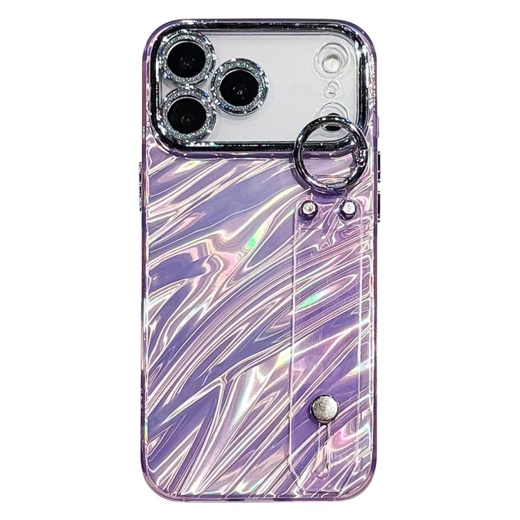 For iPhone 17 Pro Max Plating Ripples Texture Wristband Holder TPU Phone Case with Lens Film(Purple)