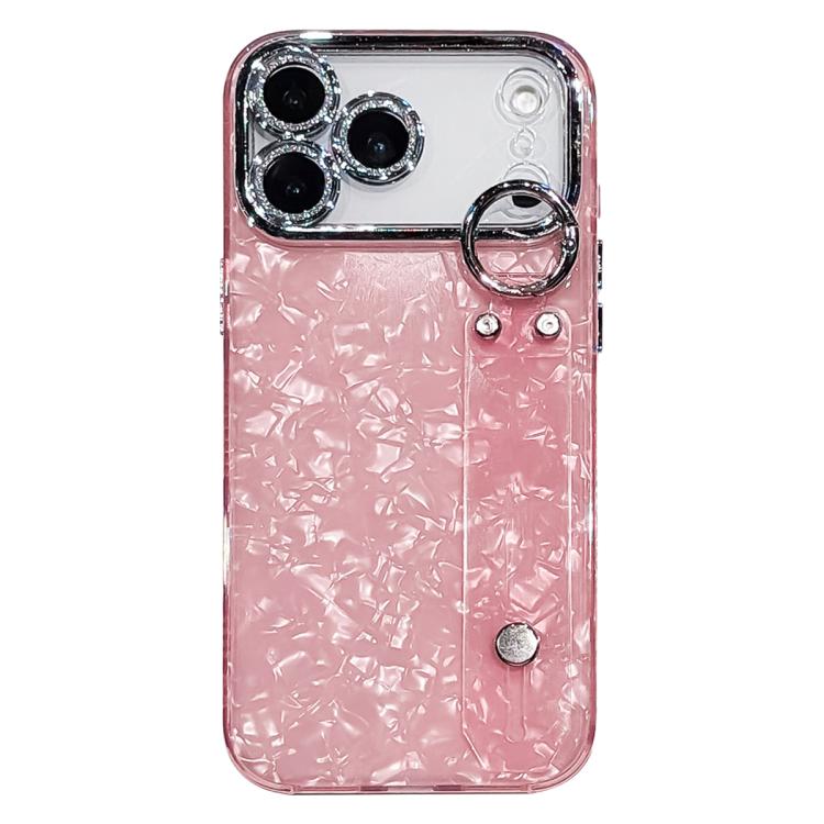 For iPhone 17 Pro Max Plating Shell Texture Wristband Holder TPU Phone Case with Lens Film(Pink)