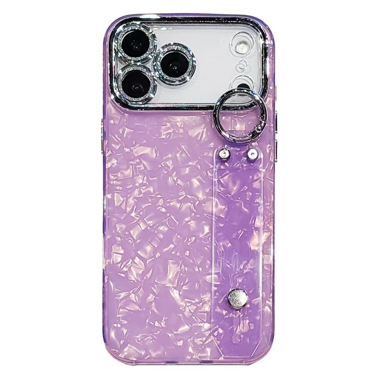 For iPhone 17 Pro Max Plating Shell Texture Wristband Holder TPU Phone Case with Lens Film(Purple)