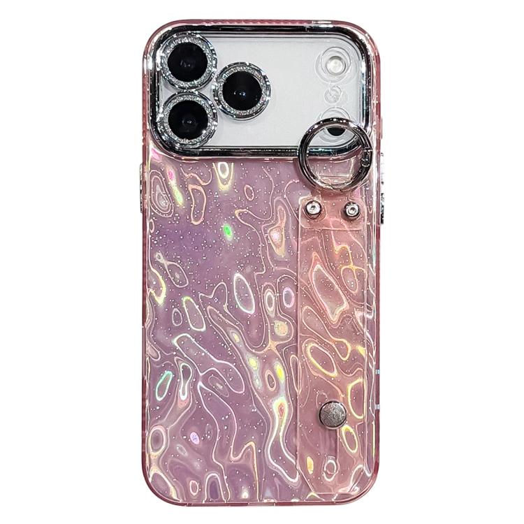For iPhone 17 Pro Max Plating Wrinkled Texture Wristband Holder TPU Phone Case with Lens Film(Pink)