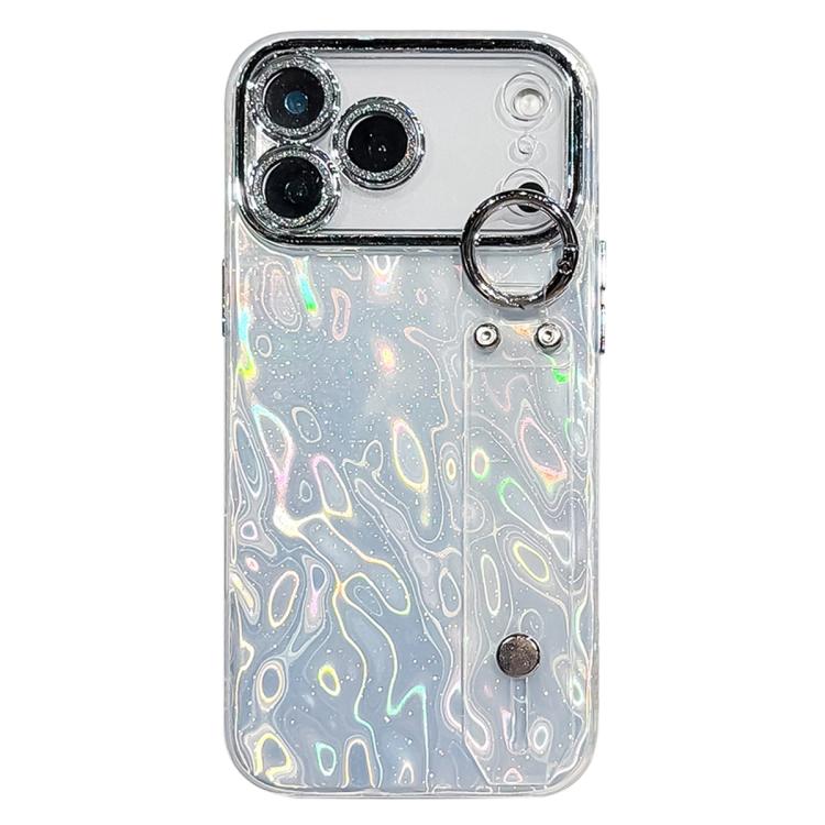 For iPhone 17 Pro Max Plating Wrinkled Texture Wristband Holder TPU Phone Case with Lens Film(Silver)