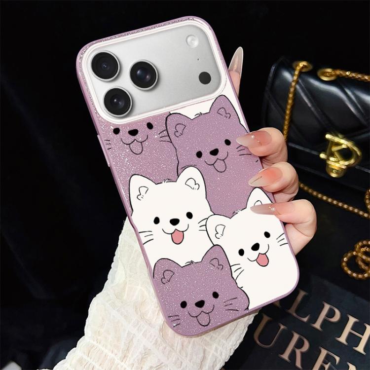 For iPhone 17 Pro Max Playful Tongue-Out Puppy Pattern IMD Glitter PC Hybrid TPU Phone Case(Purple)
