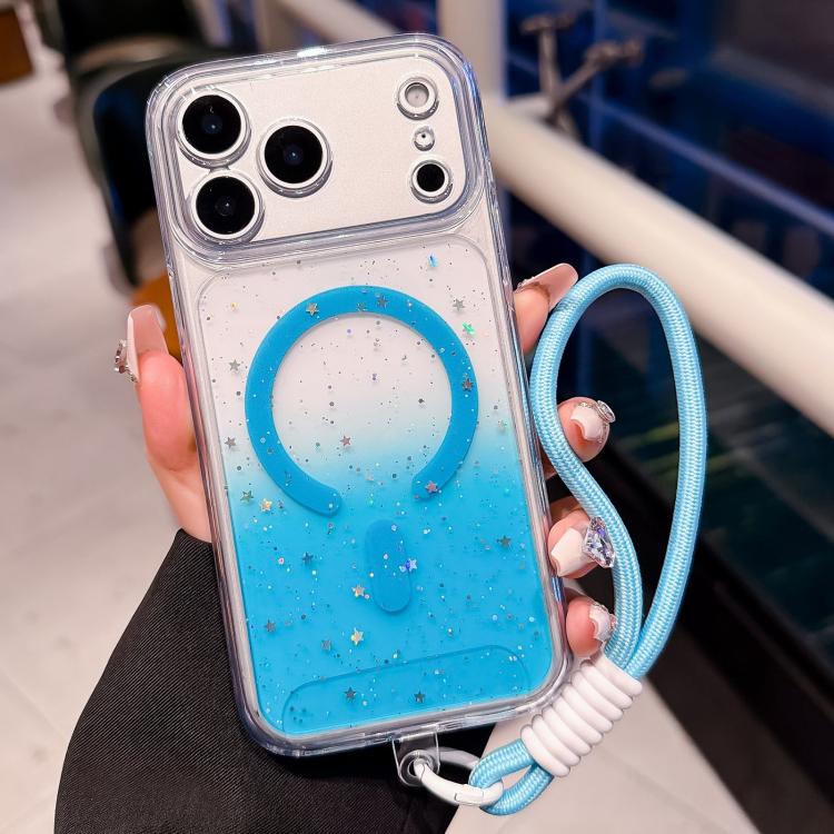 For iPhone 17 Pro Max Precise Hole Shockproof Gradient Epoxy Magnetic Phone Case With Lanyard(Blue)