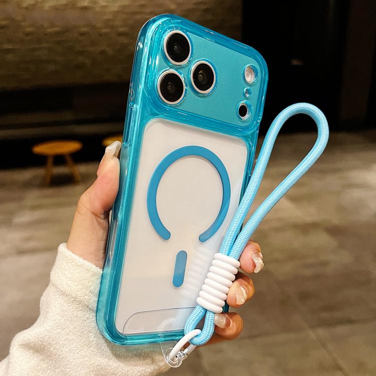 For iPhone 17 Pro Max Precise Hole Shockproof Magnetic TPU Hybrid Acrylic Transparent Phone Case With Lanyard(Blue)