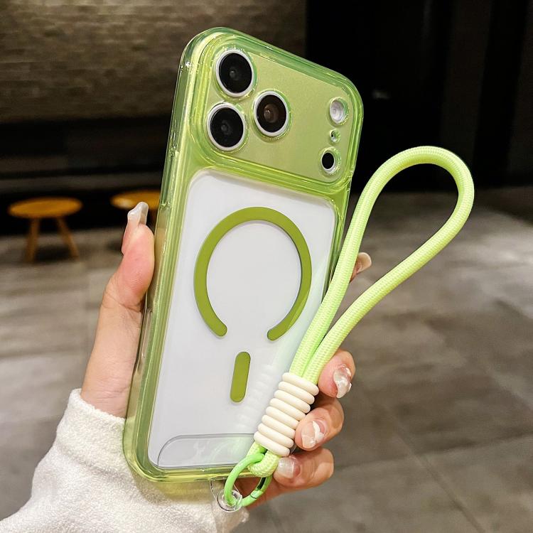 For iPhone 17 Pro Max Precise Hole Shockproof Magnetic TPU Hybrid Acrylic Transparent Phone Case With Lanyard(Green)