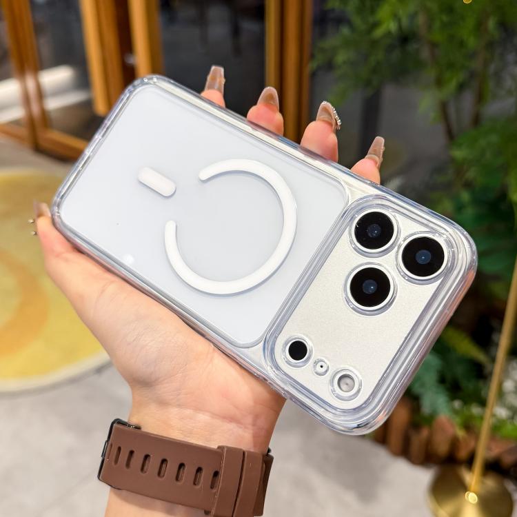 For iPhone 17 Pro Max Precise Hole Shockproof Magnetic TPU Hybrid Acrylic Transparent Phone Case(White)