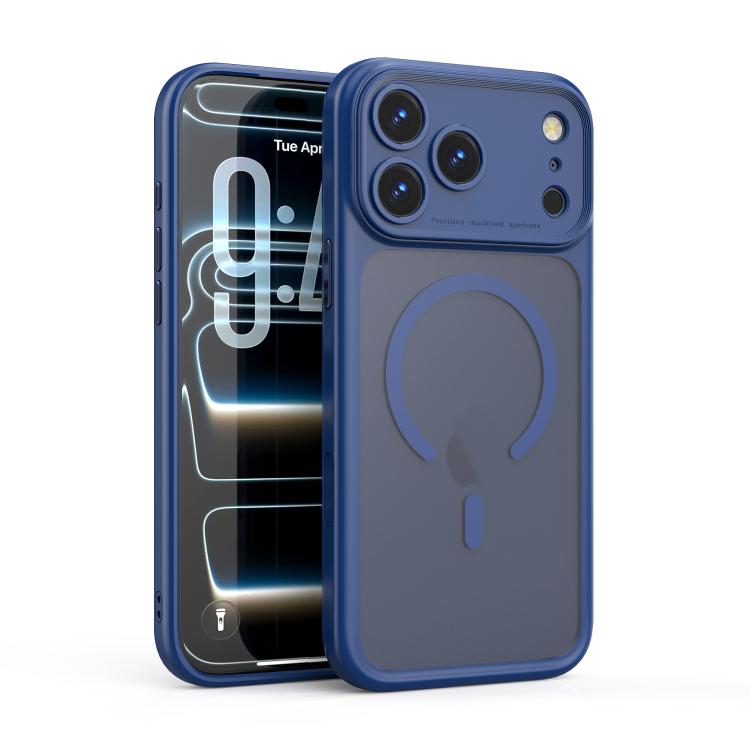 For iPhone 17 Pro Max Precision Hole PC Transparent Shockproof Magnetic Phone Case(Blue)