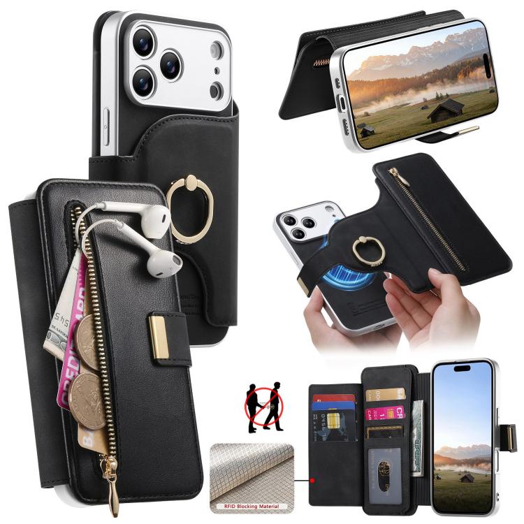 For iPhone 17 Pro Max Precision Hole Silver-Edged Ring RFID Blocking Zipper Wallet Magnetic Vegan Leather Phone Case(Black)