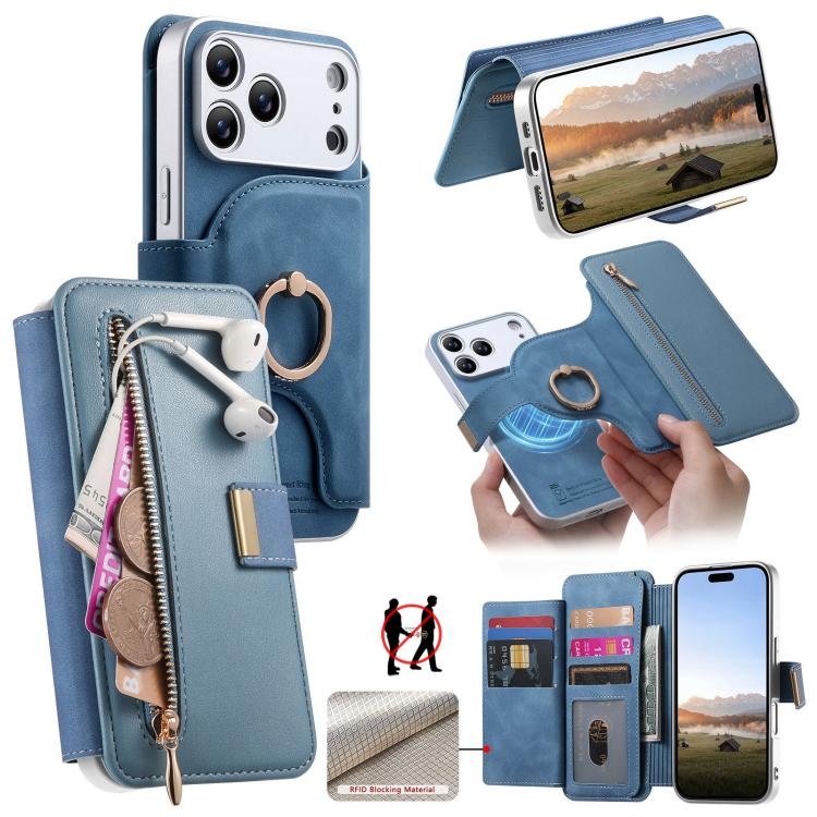 For iPhone 17 Pro Max Precision Hole Silver-Edged Ring RFID Blocking Zipper Wallet Magnetic Vegan Leather Phone Case(Blue)