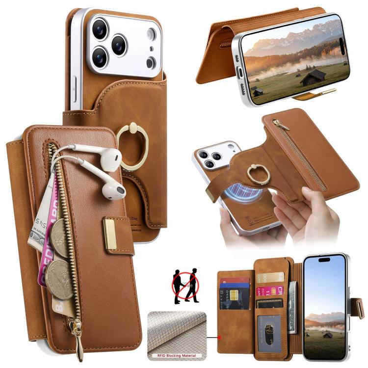 For iPhone 17 Pro Max Precision Hole Silver-Edged Ring RFID Blocking Zipper Wallet Magnetic Vegan Leather Phone Case(Brown)