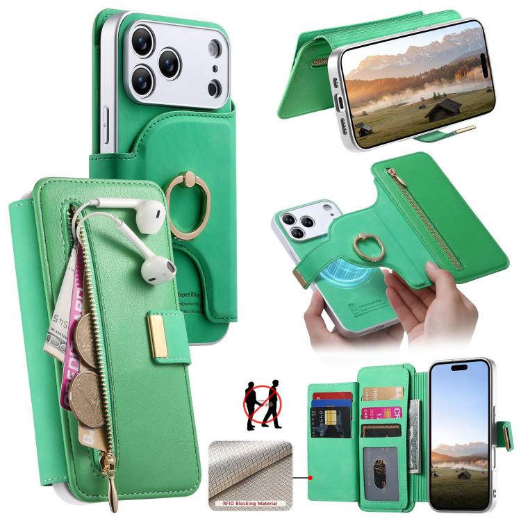 For iPhone 17 Pro Max Precision Hole Silver-Edged Ring RFID Blocking Zipper Wallet Magnetic Vegan Leather Phone Case(Green)