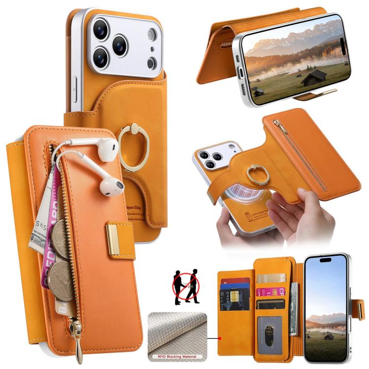 For iPhone 17 Pro Max Precision Hole Silver-Edged Ring RFID Blocking Zipper Wallet Magnetic Vegan Leather Phone Case(Orange)