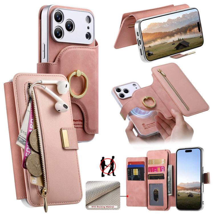 For iPhone 17 Pro Max Precision Hole Silver-Edged Ring RFID Blocking Zipper Wallet Magnetic Vegan Leather Phone Case(Pink)
