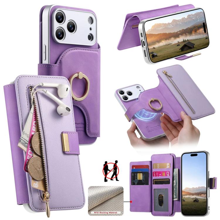 For iPhone 17 Pro Max Precision Hole Silver-Edged Ring RFID Blocking Zipper Wallet Magnetic Vegan Leather Phone Case(Purple)