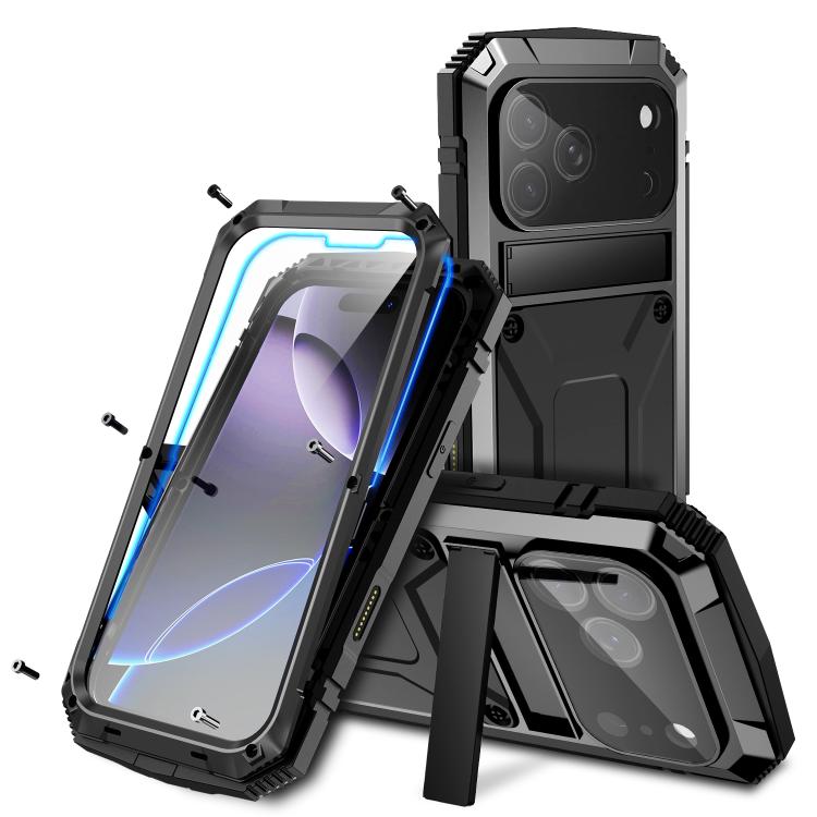 For iPhone 17 Pro Max R-JUST Metal + Silicone + Tempered Glass Life Waterproof Phone Case with Holder(Black)