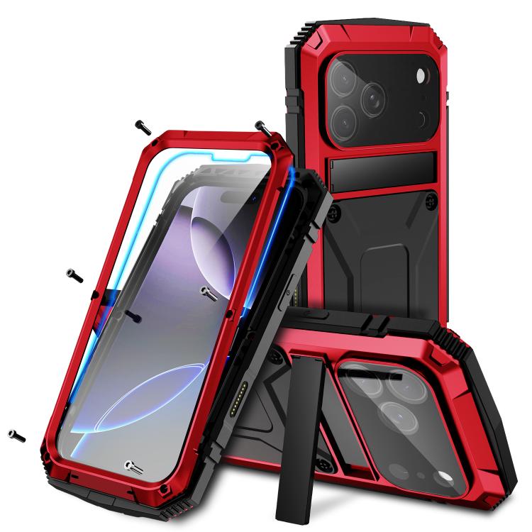 For iPhone 17 Pro Max R-JUST Metal + Silicone + Tempered Glass Life Waterproof Phone Case with Holder(Red)