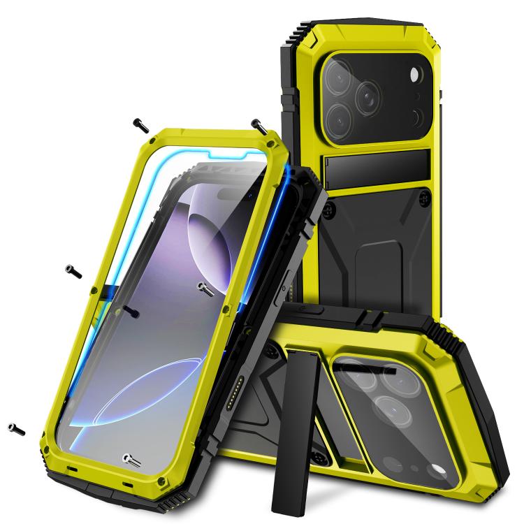 For iPhone 17 Pro Max R-JUST Metal + Silicone + Tempered Glass Life Waterproof Phone Case with Holder(Yellow)