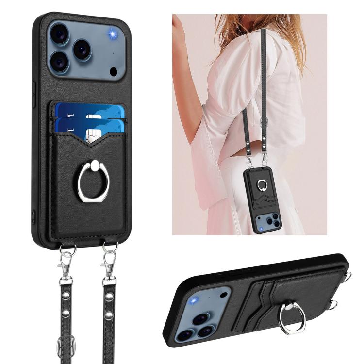 For iPhone 17 Pro Max R20 Crossbody Rope Ring Card Holder Phone Case(Black)
