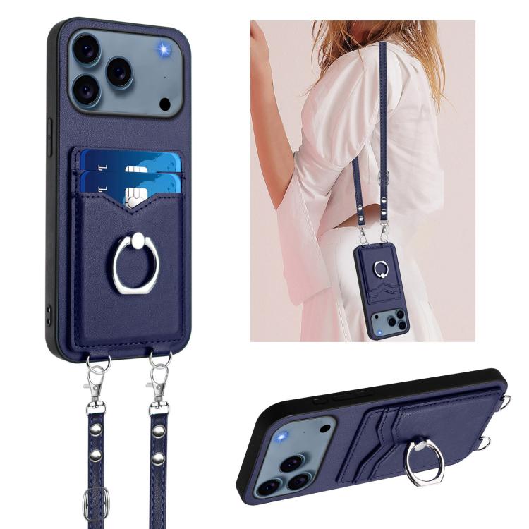 For iPhone 17 Pro Max R20 Crossbody Rope Ring Card Holder Phone Case(Blue)