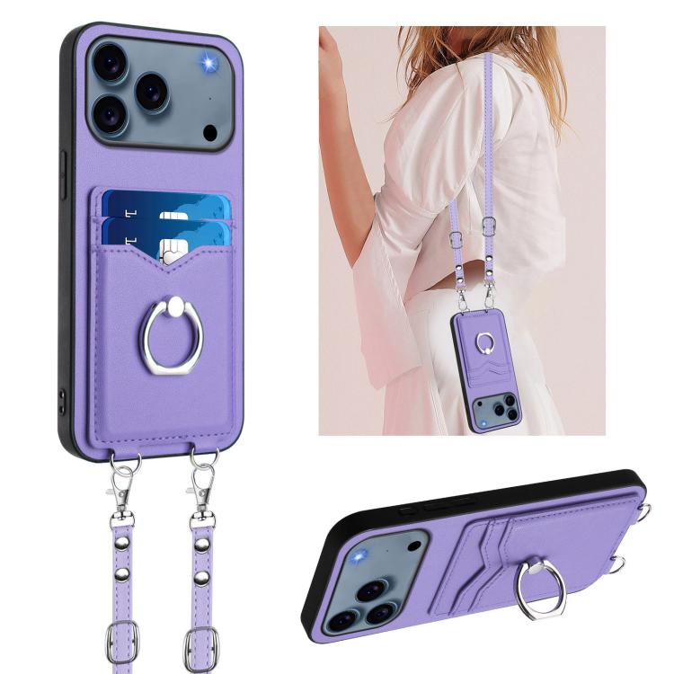 For iPhone 17 Pro Max R20 Crossbody Rope Ring Card Holder Phone Case(Purple)