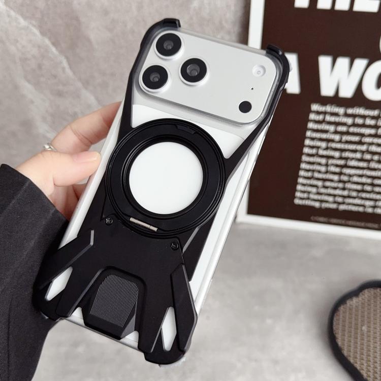 For iPhone 17 Pro Max Racing Car Metal Frameless 360 Rotation Holder Magnetic Phone Case(Black)
