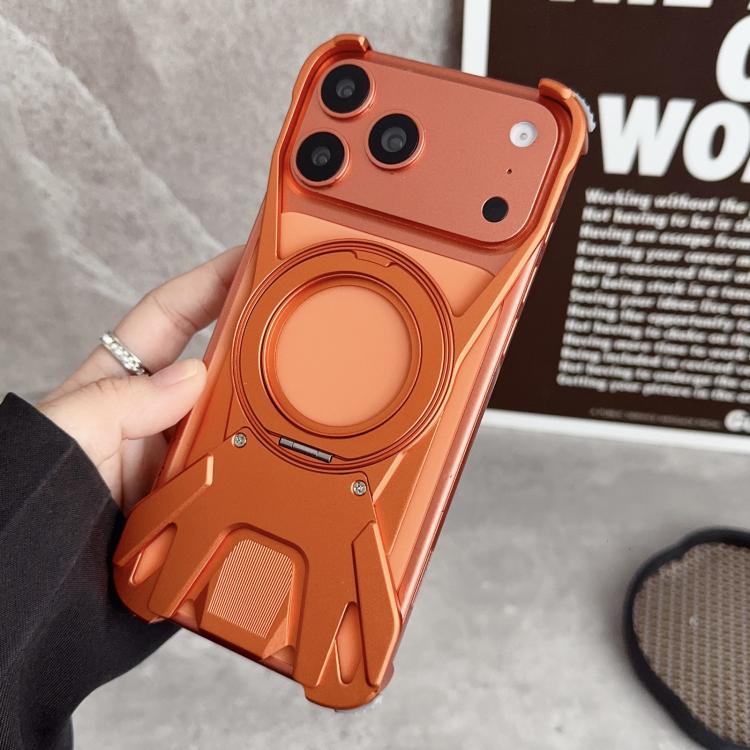 For iPhone 17 Pro Max Racing Car Metal Frameless 360 Rotation Holder Magnetic Phone Case(Orange)