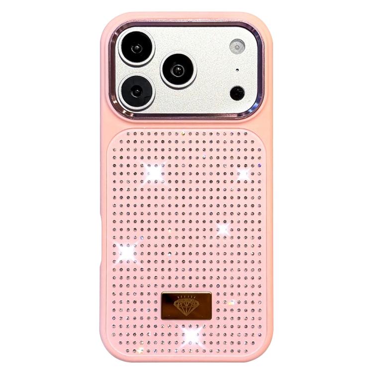 For iPhone 17 Pro Max Resin Rhinestones Metal Emblem TPU + PC Shockproof Phone Case(Pink)