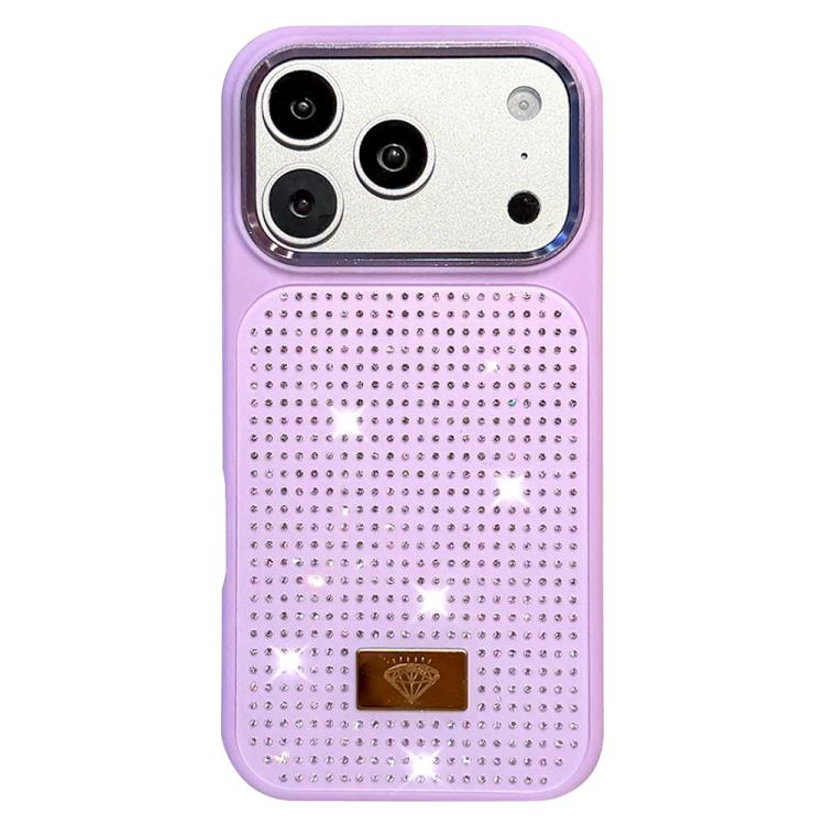 For iPhone 17 Pro Max Resin Rhinestones Metal Emblem TPU + PC Shockproof Phone Case(Purple)