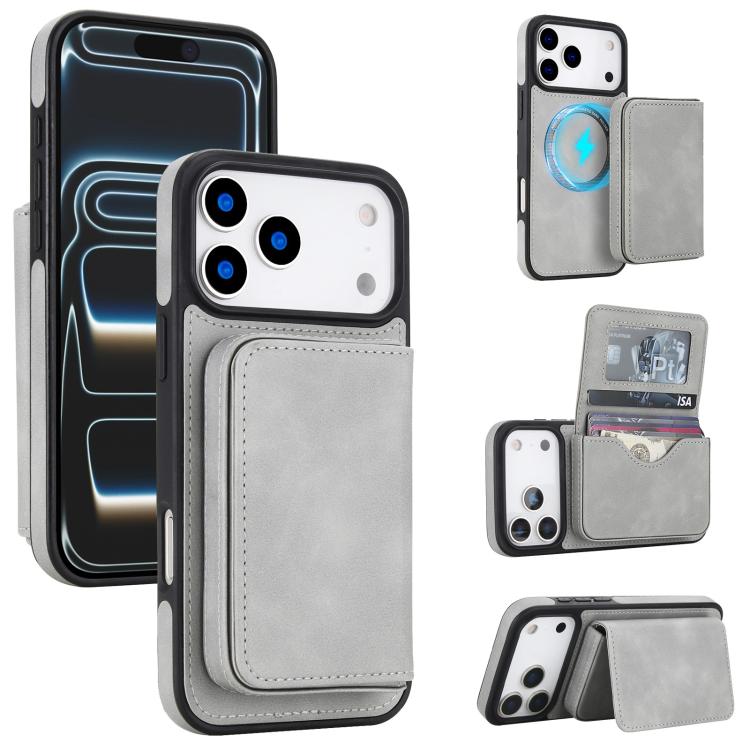 For iPhone 17 Pro Max Retro Faux Leather Detachable Magnetic Wallet Bag RFID Blocking Phone Case(Gray)