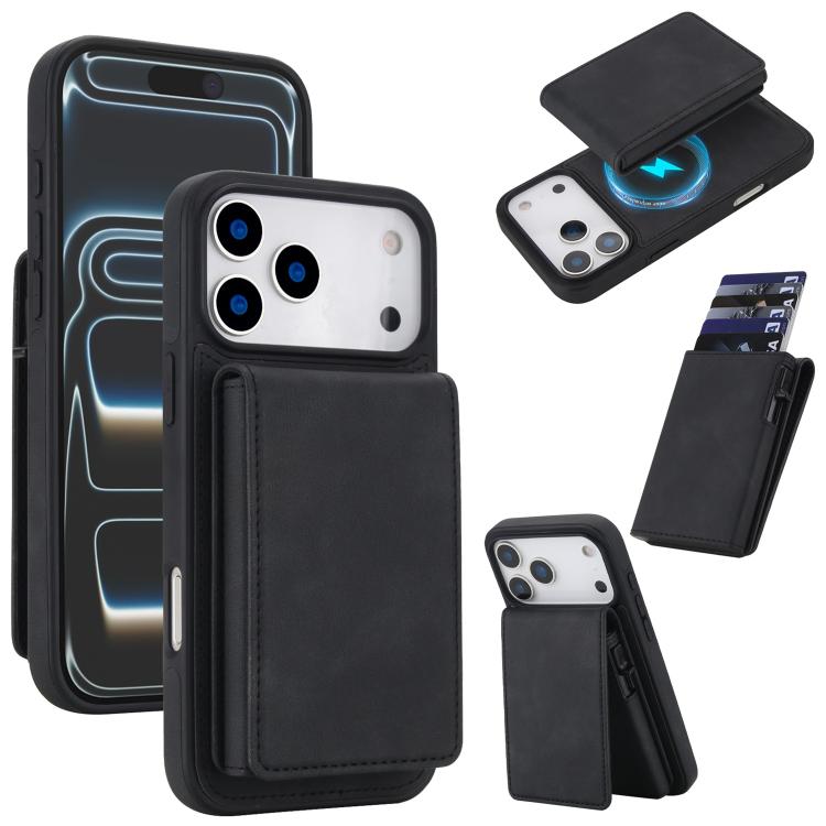 For iPhone 17 Pro Max Retro Faux Leather Detachable Spring Loaded Card Bag Magnetic RFID Phone Case(Black)