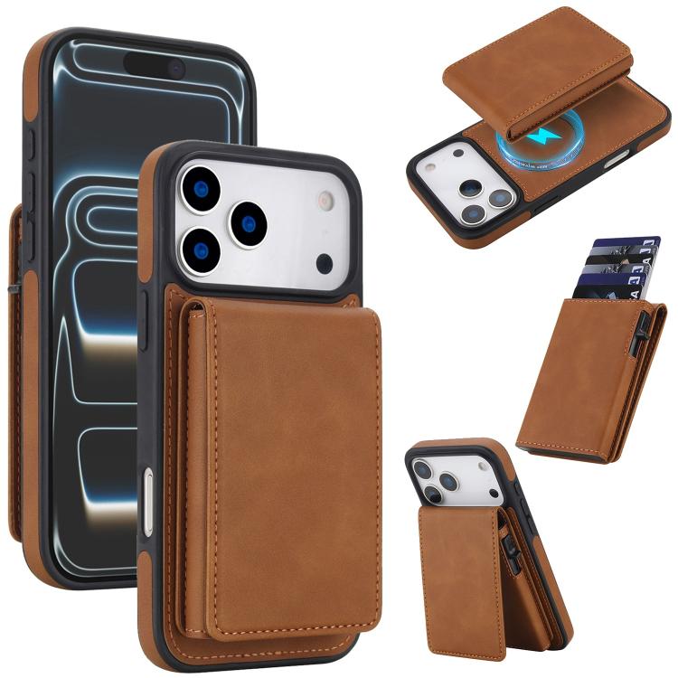 For iPhone 17 Pro Max Retro Faux Leather Detachable Spring Loaded Card Bag Magnetic RFID Phone Case(Brown)
