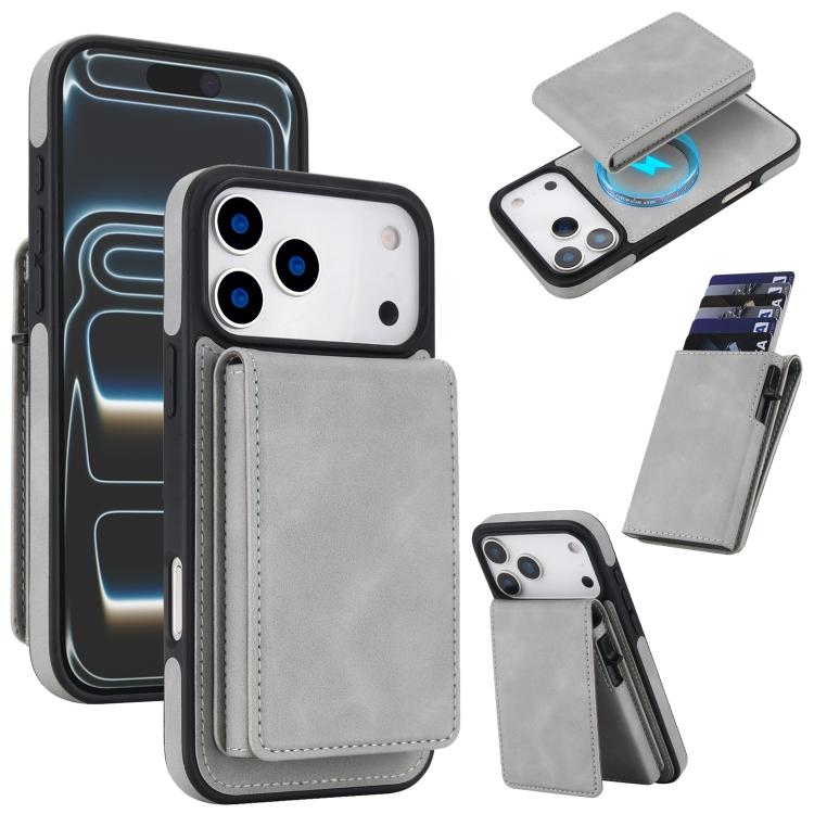 For iPhone 17 Pro Max Retro Faux Leather Detachable Spring Loaded Card Bag Magnetic RFID Phone Case(Gray)