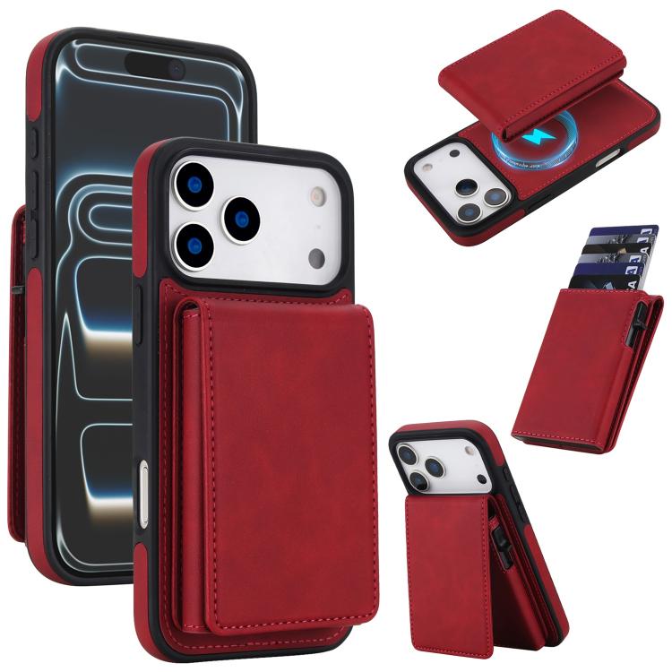 For iPhone 17 Pro Max Retro Faux Leather Detachable Spring Loaded Card Bag Magnetic RFID Phone Case(Red)