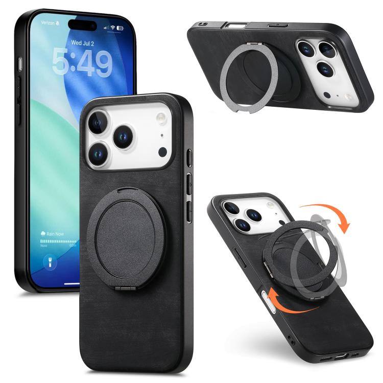 For iPhone 17 Pro Max Retro Leather Rotation Round Holder Phone Case(Black)