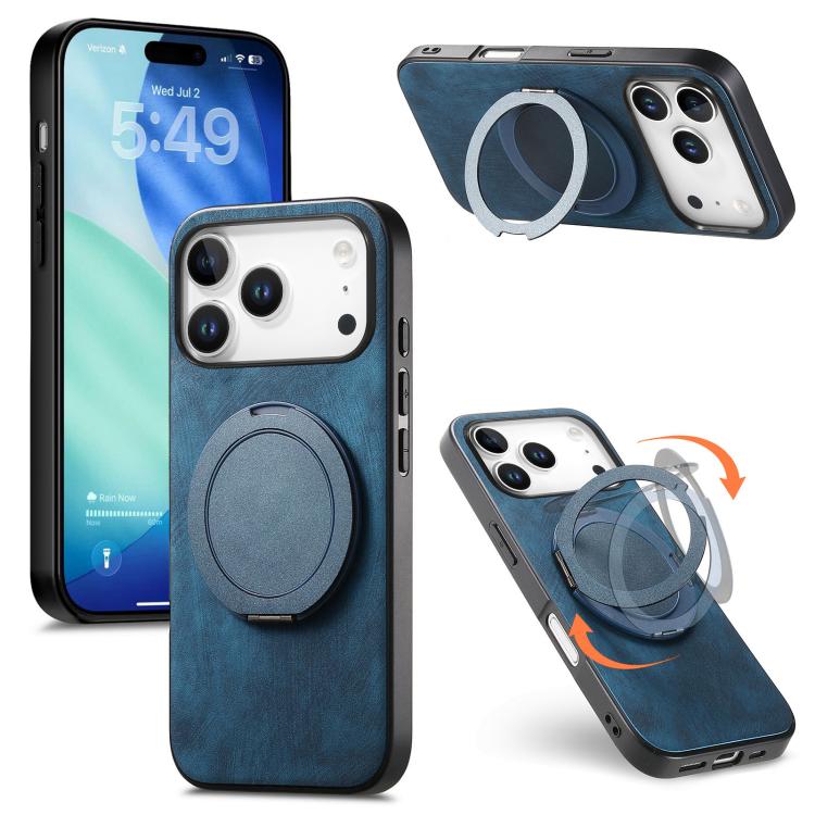 For iPhone 17 Pro Max Retro Leather Rotation Round Holder Phone Case(Blue)