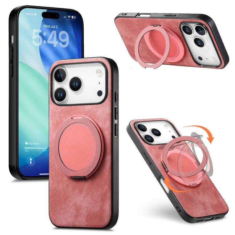 For iPhone 17 Pro Max Retro Leather Rotation Round Holder Phone Case(Pink)