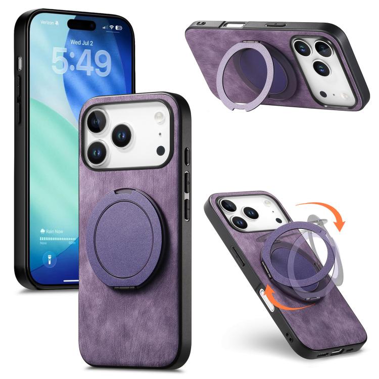 For iPhone 17 Pro Max Retro Leather Rotation Round Holder Phone Case(Purple)