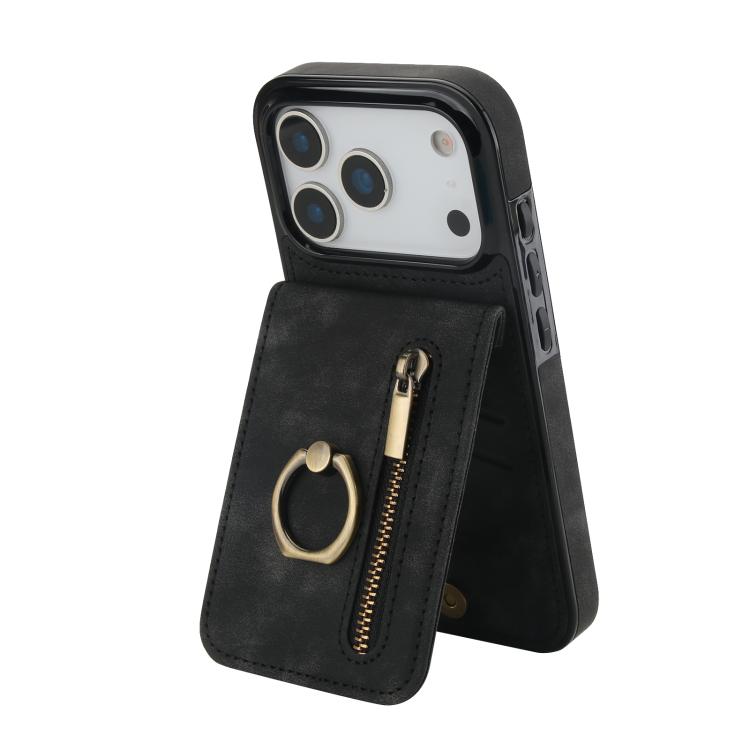 For iPhone 17 Pro Max Retro Ring and Zipper RFID Card Slot Phone Case(Black)